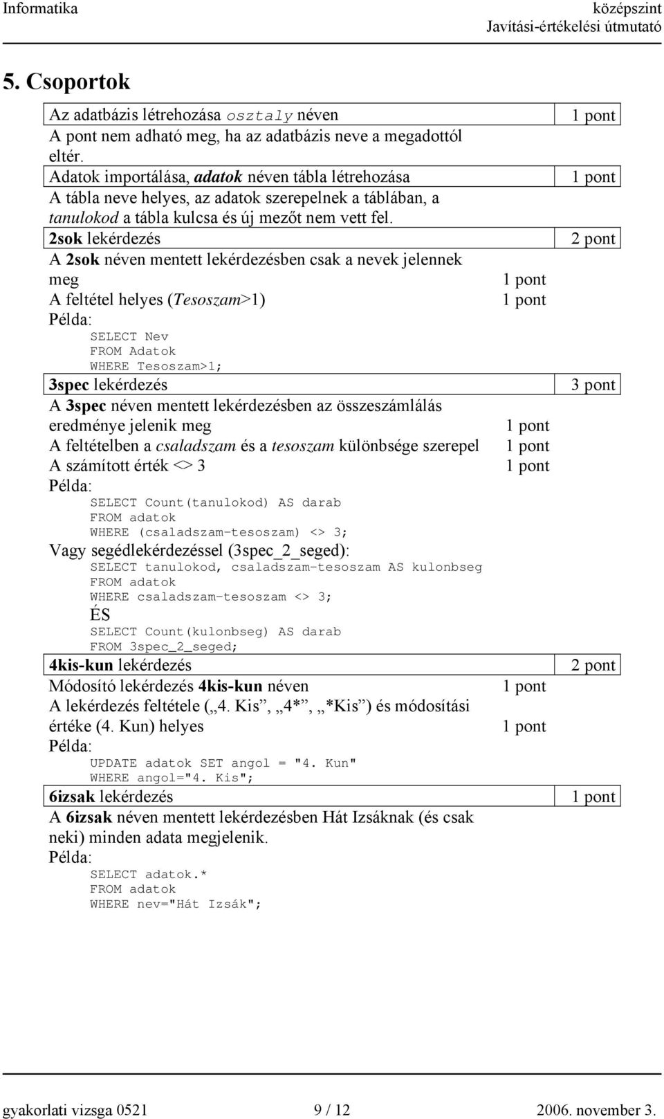 2sok lekérdezés A 2sok néven mentett lekérdezésben csak a nevek jelennek meg A feltétel helyes (Tesoszam>1) SELECT Nev FROM Adatok WHERE Tesoszam>1; 3spec lekérdezés A 3spec néven mentett