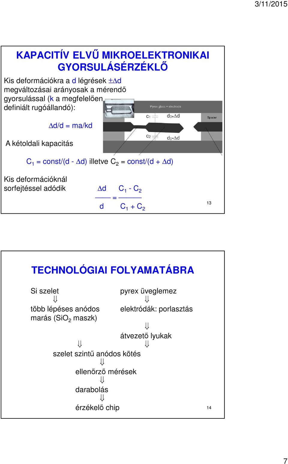 deformációknál sorfejtéssel adódik d C 1 - C 2 = d C 1 + C 2 13 TECHNOLÓGIAI FOLYAMATÁBRA Si szelet több lépéses anódos marás (SiO