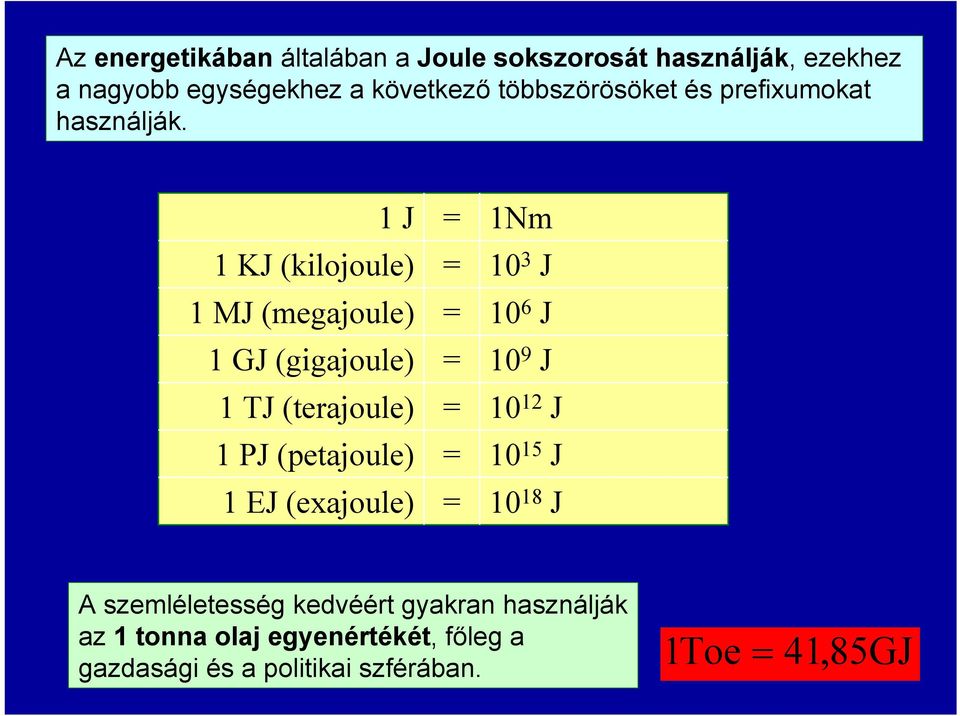 1 J 1 KJ (kilojoule) 1 MJ (megajoule) 1 GJ (gigajoule) 1 TJ (terajoule) 1 PJ (petajoule) 1 EJ (exajoule) = = =