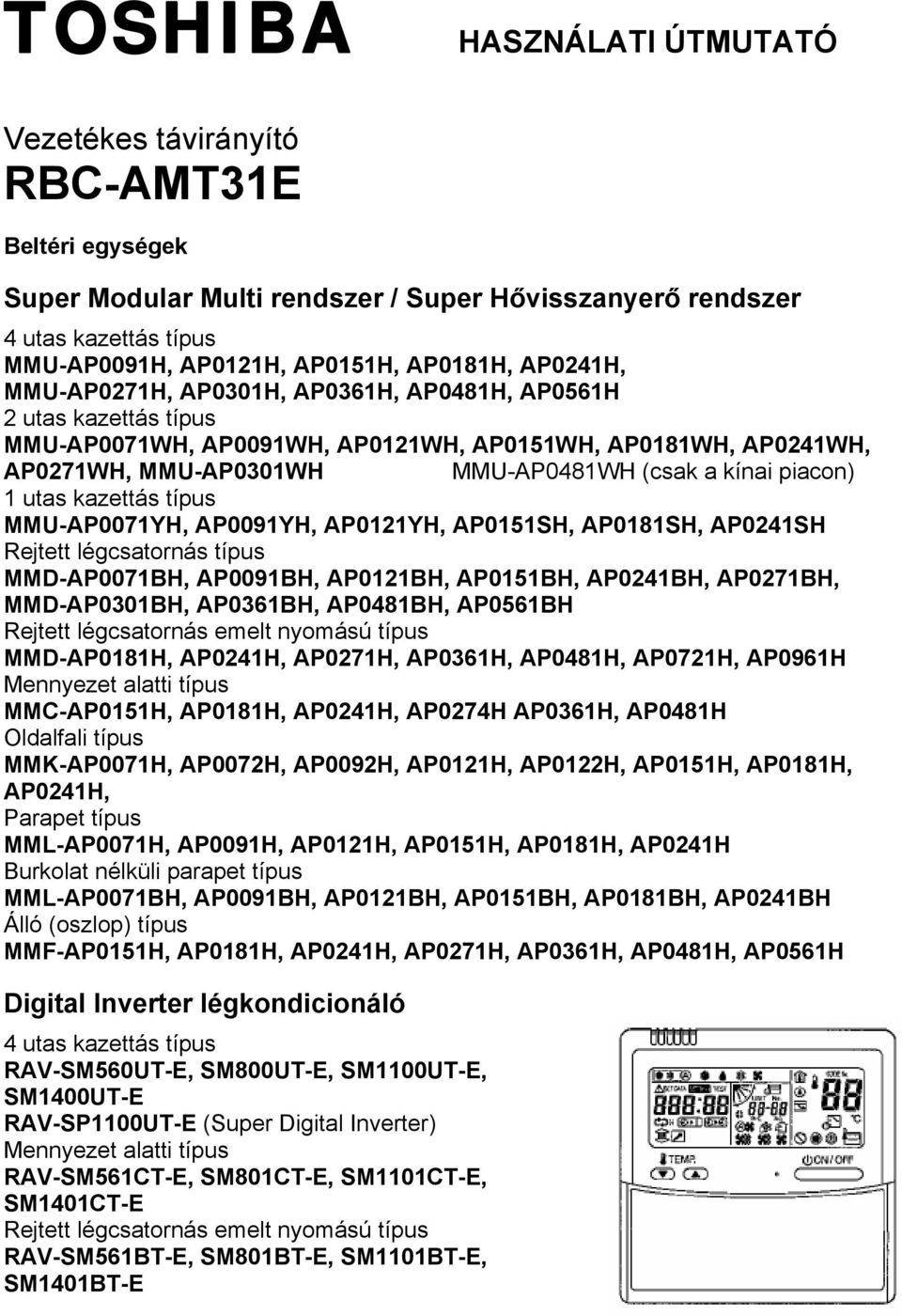 piacon) 1 utas kazettás típus MMU-AP0071YH, AP0091YH, AP0121YH, AP0151SH, AP0181SH, AP0241SH Rejtett légcsatornás típus MMD-AP0071BH, AP0091BH, AP0121BH, AP0151BH, AP0241BH, AP0271BH, MMD-AP0301BH,