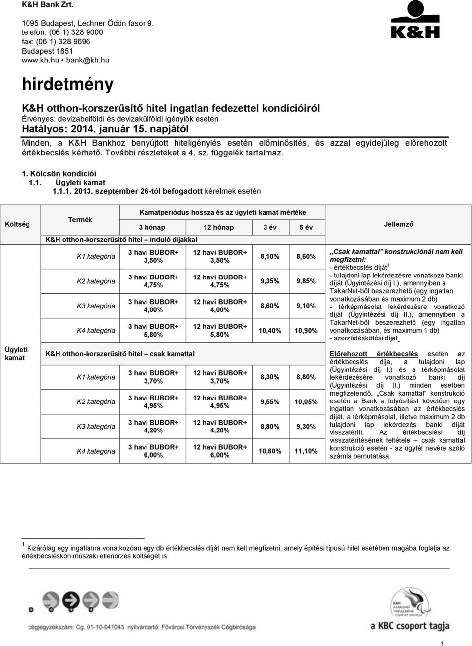 napjától Minden, a K&H Bankhoz benyújtott hiteligénylés esetén előminősítés, és azzal egyidejűleg előrehozott értékbecslés kérhető. További részleteket a 4. sz. függelék tartalmaz. 1.