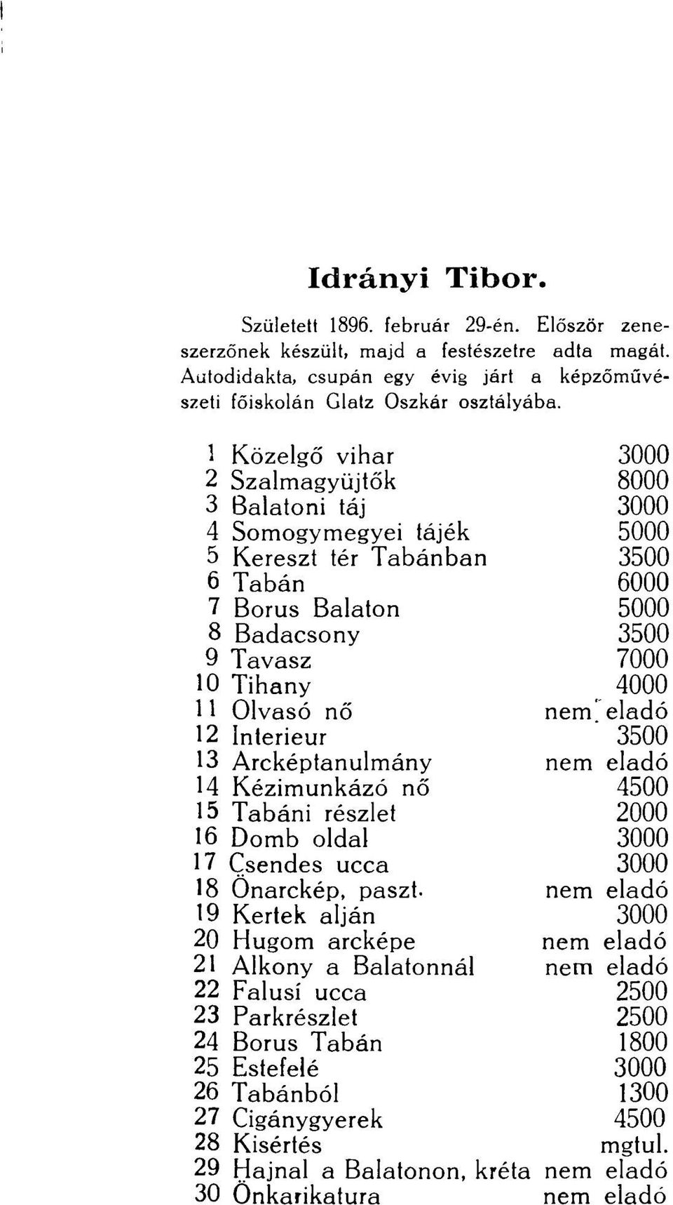 Olvasó nő nem eladó 12 Interieur 3500 13 Arcképtanulmány nem eladó 14 Kézimunkázó nő 4500 15 Tabáni részlet 2000 16 Domb oldal 3000 17 Csendes ucca 3000 18 Önarckép, paszt.