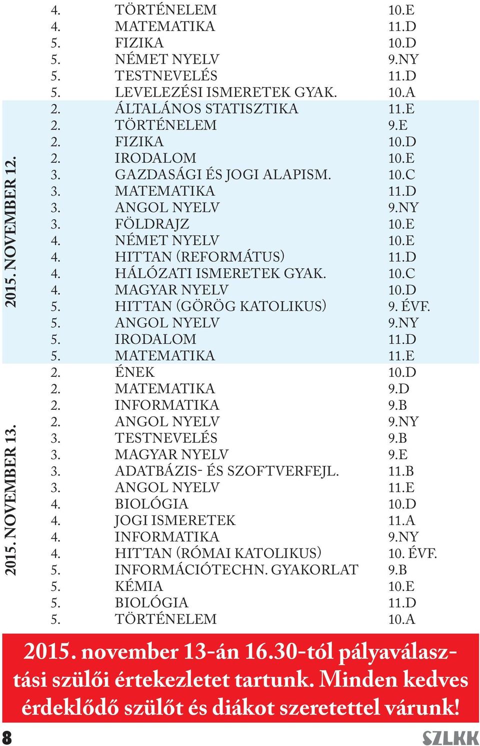 hálózati ismeretek gyak. 10.C 4. magyar nyelv 10.D 5. hittan (görög katolikus) 9. évf. 5. angol nyelv 9.NY 5. irodalom 11.D 5. matematika 11.E 2. ének 10.D 2. matematika 9.D 2. informatika 9.B 2.