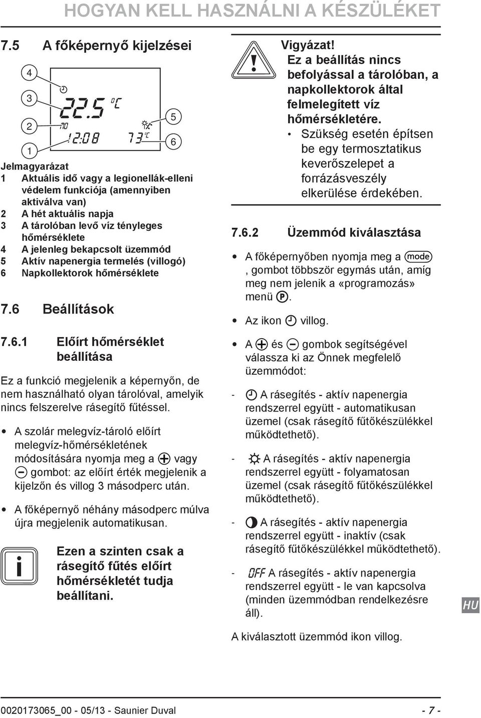 hőmérséklete 4 A jelenleg bekapcsolt üzemmód 5 Aktív napenergia termelés (villogó) 6 