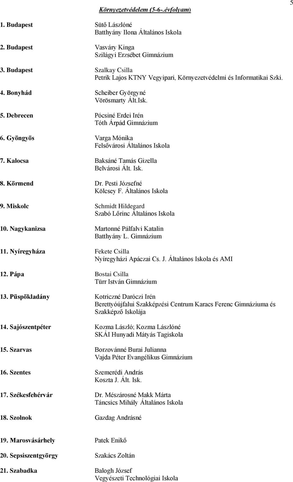 Általános Iskola 9. Miskolc Schmidt Hildegard Szabó Lőrinc Általános Iskola 10. Nagykanizsa Martonné Pálfalvi Katalin 11. Nyíregyháza Fekete Csilla 12. Pápa Bostai Csilla 13.