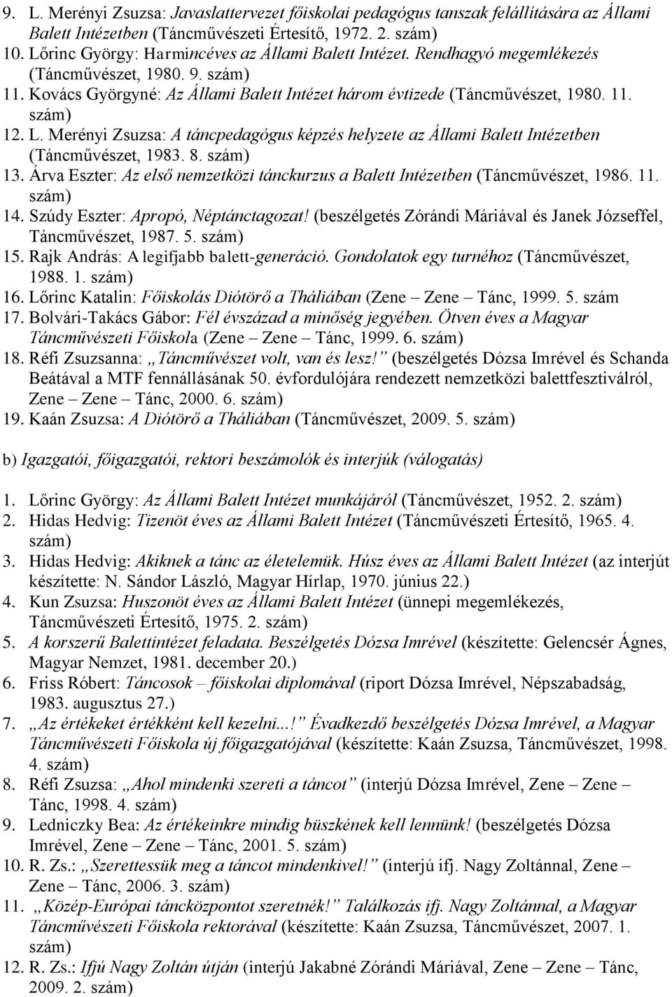 Merényi Zsuzsa: A táncpedagógus képzés helyzete az Állami Balett Intézetben (Táncművészet, 1983. 8. 13. Árva Eszter: Az első nemzetközi tánckurzus a Balett Intézetben (Táncművészet, 1986. 11. 14.