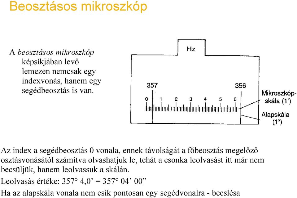 Az index a segédbeosztás 0 vonala, ennek távolságát a főbeosztás megelőző osztásvonásától számítva