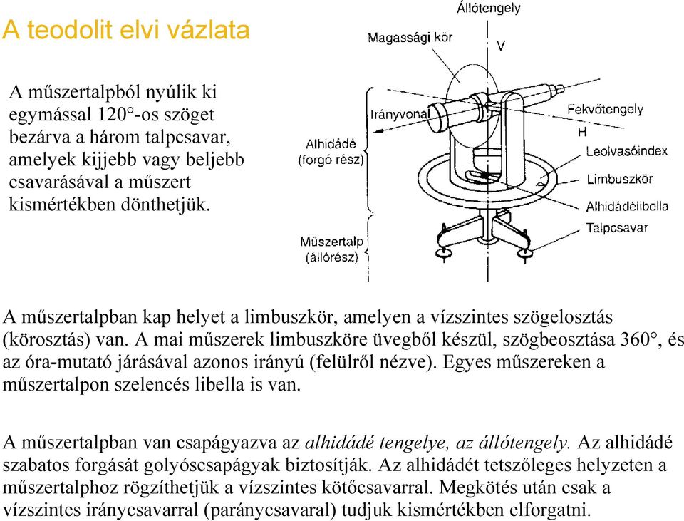 A mai műszerek limbuszköre üvegből készül, szögbeosztása 360, és az óra mutató járásával azonos irányú (felülről nézve). Egyes műszereken a műszertalpon szelencés libella is van.