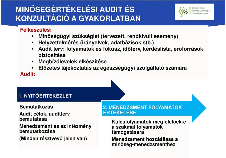 ) Audit terv: folyamatok és fókusz, időterv, kérdéslista, erőforrások biztosítása Megbízólevelek elkészítése Előzetes tájékoztatás az egészségügyi