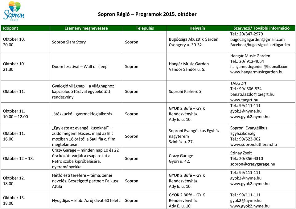 16.00 Október 12 18. Október 12. Egy este az evangélikusoknál zsidó megemlékezés, majd az Elit moziban 18 órától a Saul fia c.