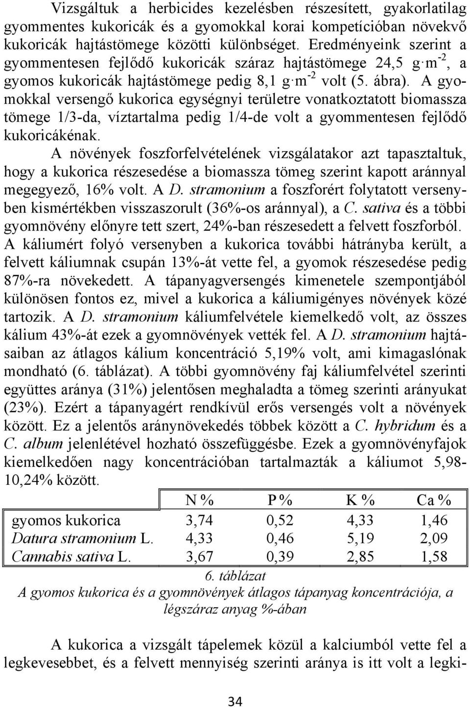 A gyomokkal versengő kukorica egységnyi területre vonatkoztatott biomassza tömege 1/3-da, víztartalma pedig 1/4-de volt a gyommentesen fejlődő kukoricákénak.