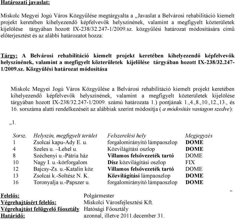 közgyűlési határozat módosítására című előterjesztést és az alábbi határozatot hozza: Tárgy: A Belvárosi rehabilitáció kiemelt projekt keretében kihelyezendő képfelvevők helyszínének, valamint a