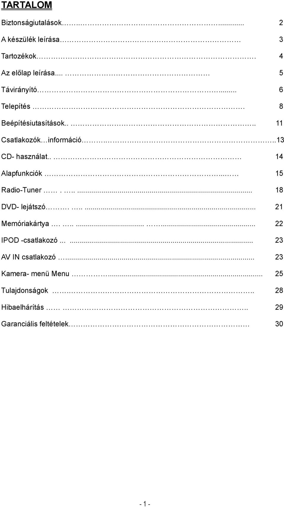 .. 15 Radio-Tuner...... 18 DVD- lejátszó...... 21 Memóriakártya......... 22 IPOD -csatlakozó.