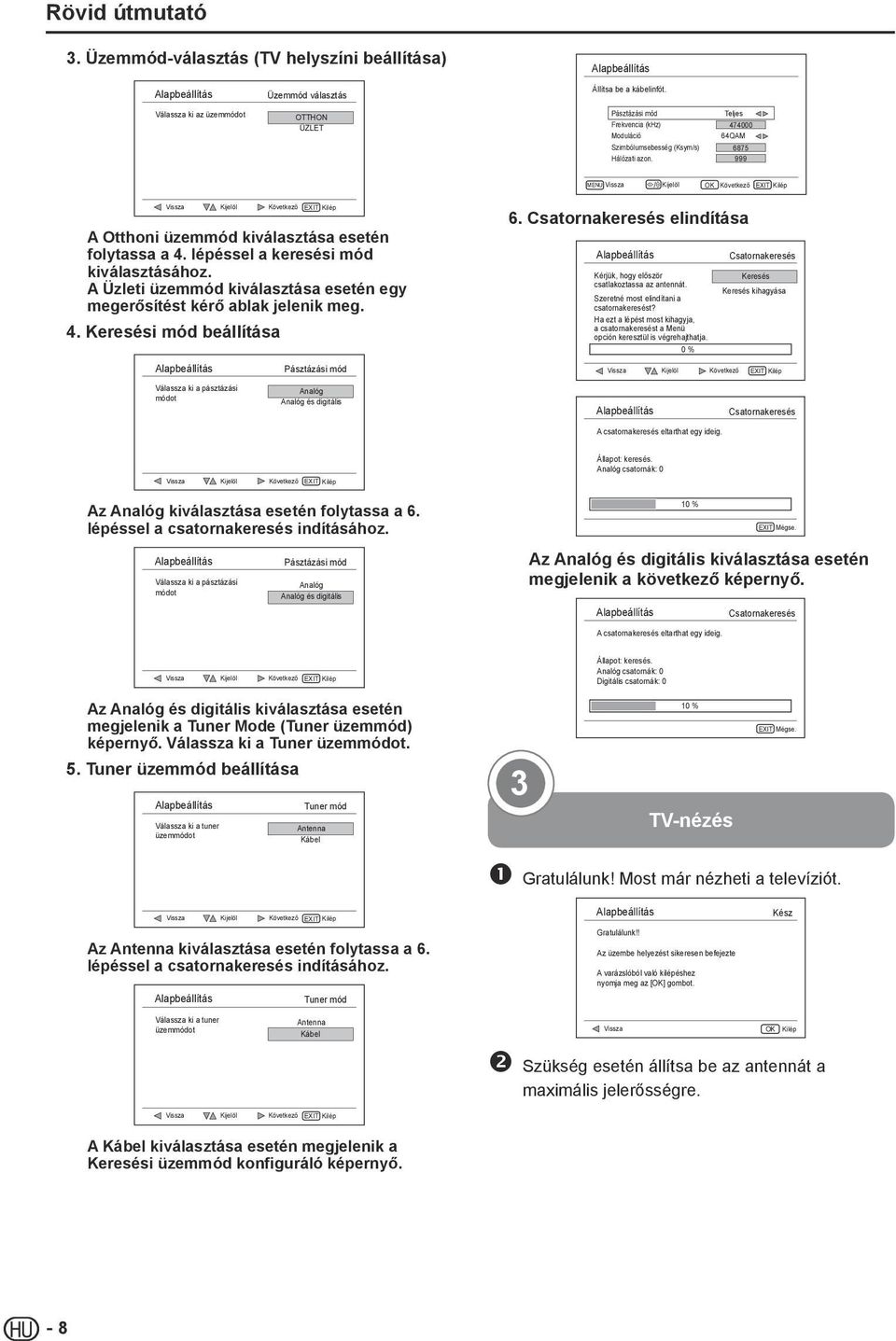 6875 999 MENU Vissza / Kijelöl OK Következő EXIT Kilép Vissza Kijelöl Következő A Otthoni üzemmód kiválasztása esetén folytassa a 4. lépéssel a keresési mód kiválasztásához.