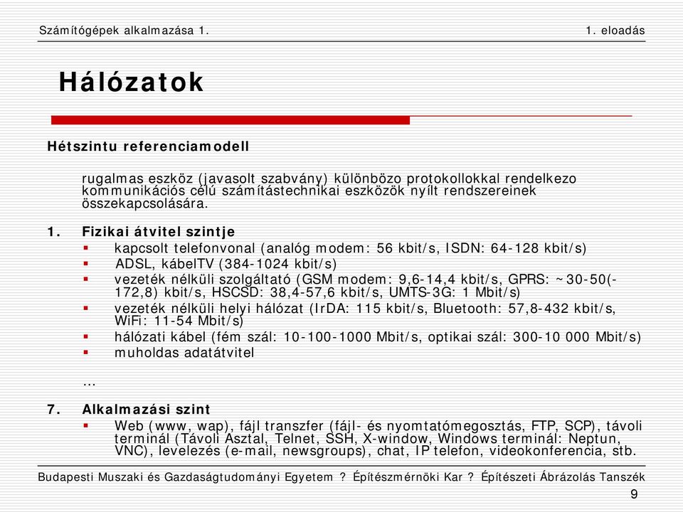 172,8) kbit/s, HSCSD: 38,4-57,6 kbit/s, UMTS-3G: 1 Mbit/s) vezeték nélküli helyi hálózat (IrDA: 115 kbit/s, Bluetooth: 57,8-432 kbit/s, WiFi: 11-54 Mbit/s) hálózati kábel (fém szál: 10-100-1000