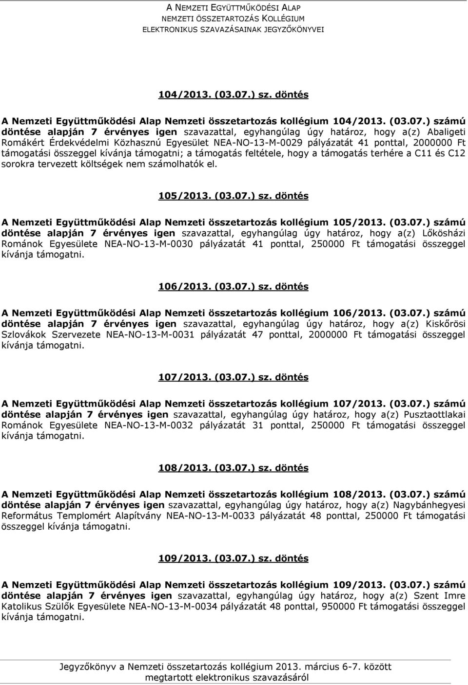 Közhasznú Egyesület NEA-NO-13-M-0029 pályázatát 41 ponttal, 2000000 Ft támogatási összeggel kívánja támogatni; a támogatás feltétele, hogy a támogatás terhére a C11 és C12 sorokra tervezett költségek