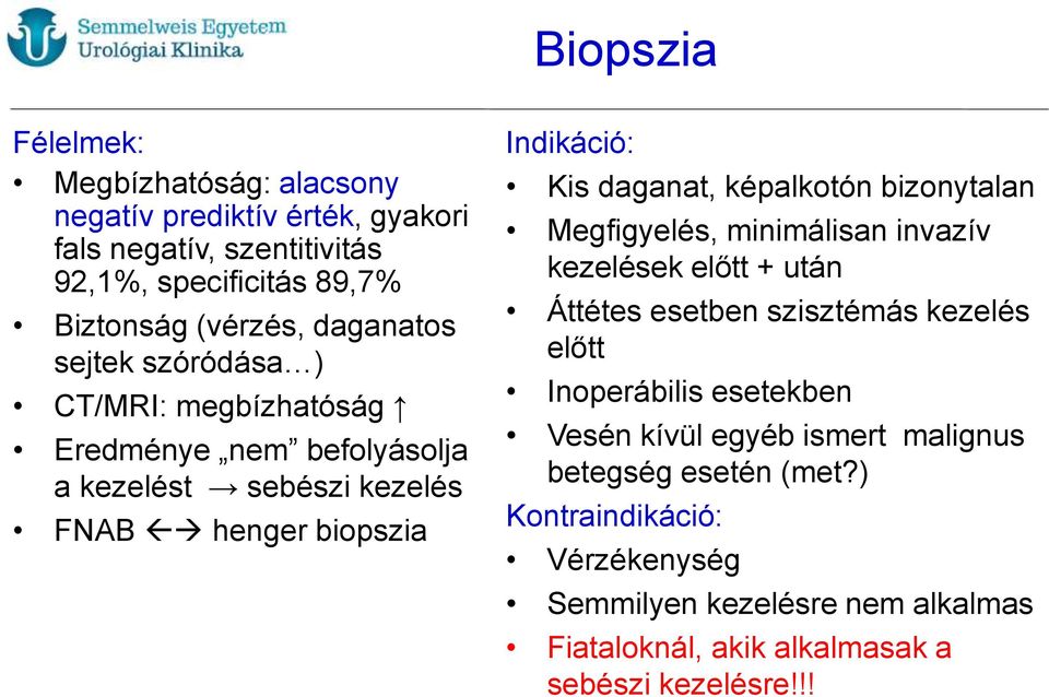 képalkotón bizonytalan Megfigyelés, minimálisan invazív kezelések előtt + után Áttétes esetben szisztémás kezelés előtt Inoperábilis esetekben Vesén