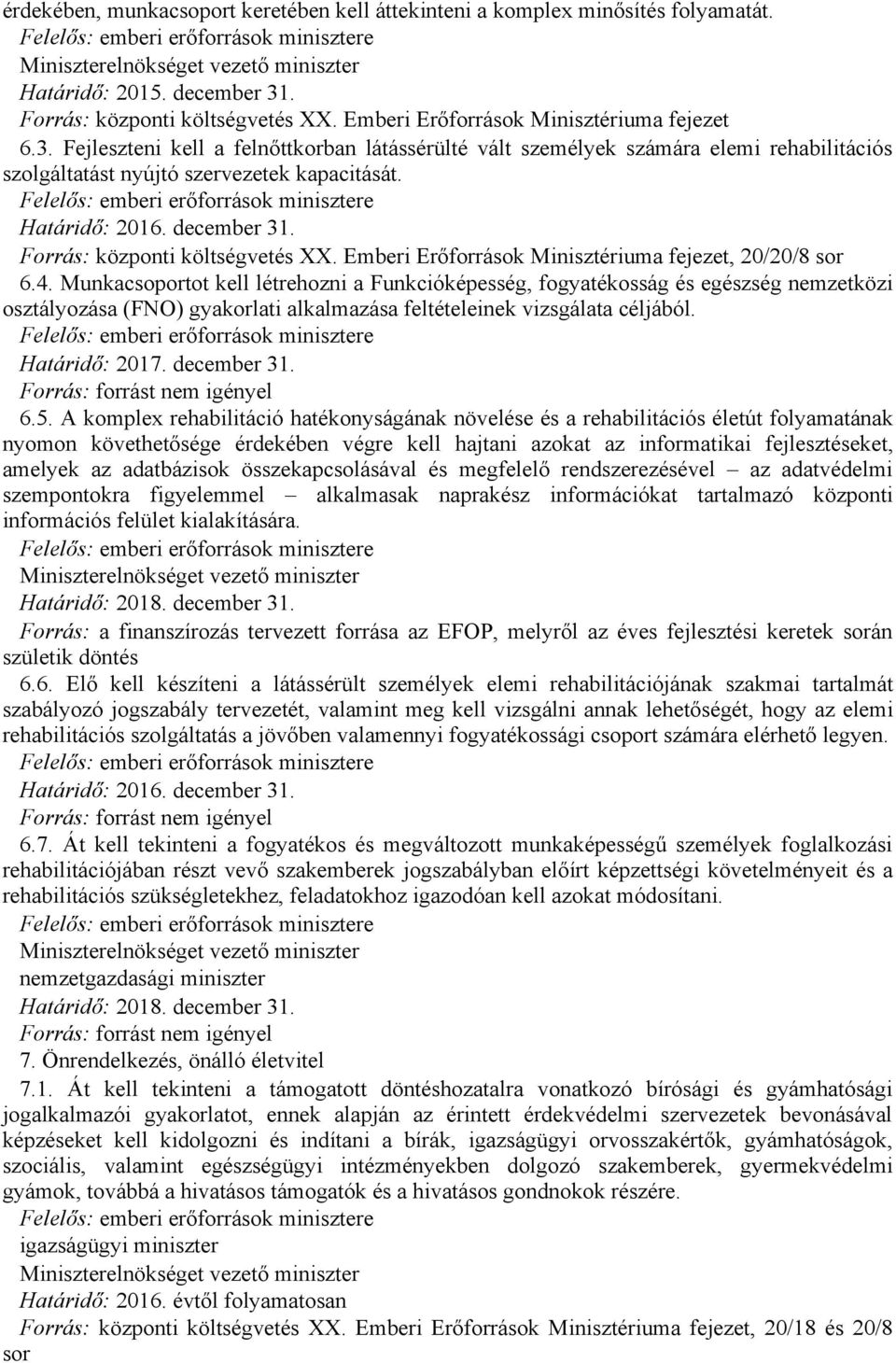 Munkacsoportot kell létrehozni a Funkcióképesség, fogyatékosság és egészség nemzetközi osztályozása (FNO) gyakorlati alkalmazása feltételeinek vizsgálata céljából. Határidő: 2017. december 31. 6.5.