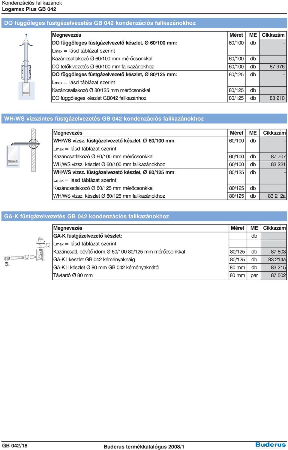 db - Lmax = lásd táblázat szerint Kazáncsatlakozó Ø 80/125 mm mérõcsonkkal 80/125 db DO függõleges készlet GB042 falikazánhoz 80/125 db 83 210 WH/WS vízszintes füstgázelvezetés GB 042 kondenzációs