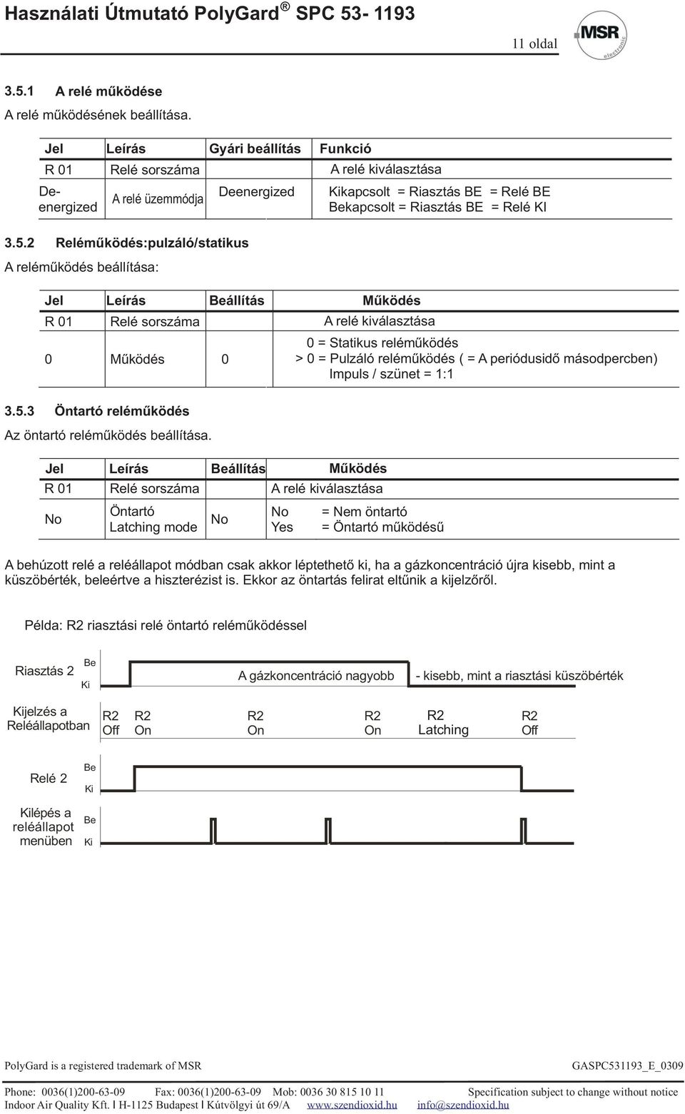 2 Reléműködés:pulzáló/statikus A reléműködés beállítása: Jel Leírás Beállítás Működés R 01 Relé sorszáma A relé kiválasztása 0 Működés 0 3.5.3 Öntartó reléműködés Az öntartó reléműködés beállítása.