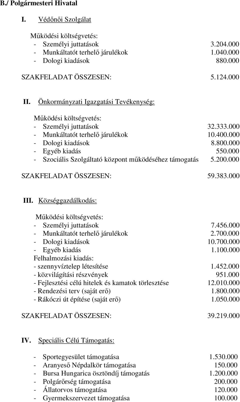 000 - Szociális Szolgáltató központ mőködéséhez támogatás 5.200.000 SZAKFELADAT ÖSSZESEN: 59.383.000 III. Községgazdálkodás: - Személyi juttatások 7.456.000 - Munkáltatót terhelı járulékok 2.700.