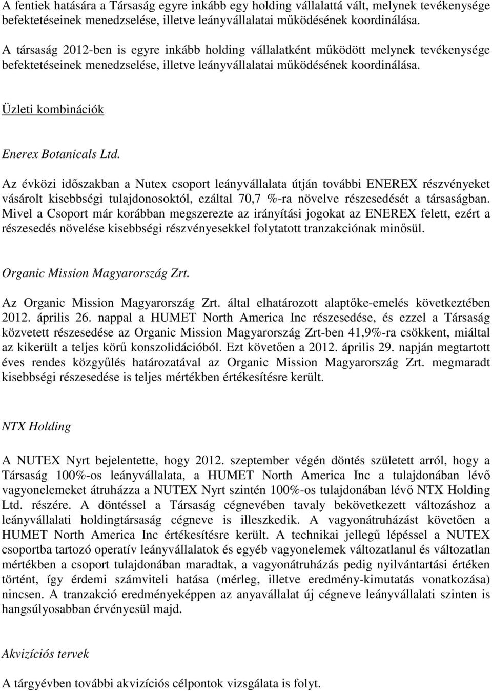 Üzleti kombinációk Enerex Botanicals Ltd.