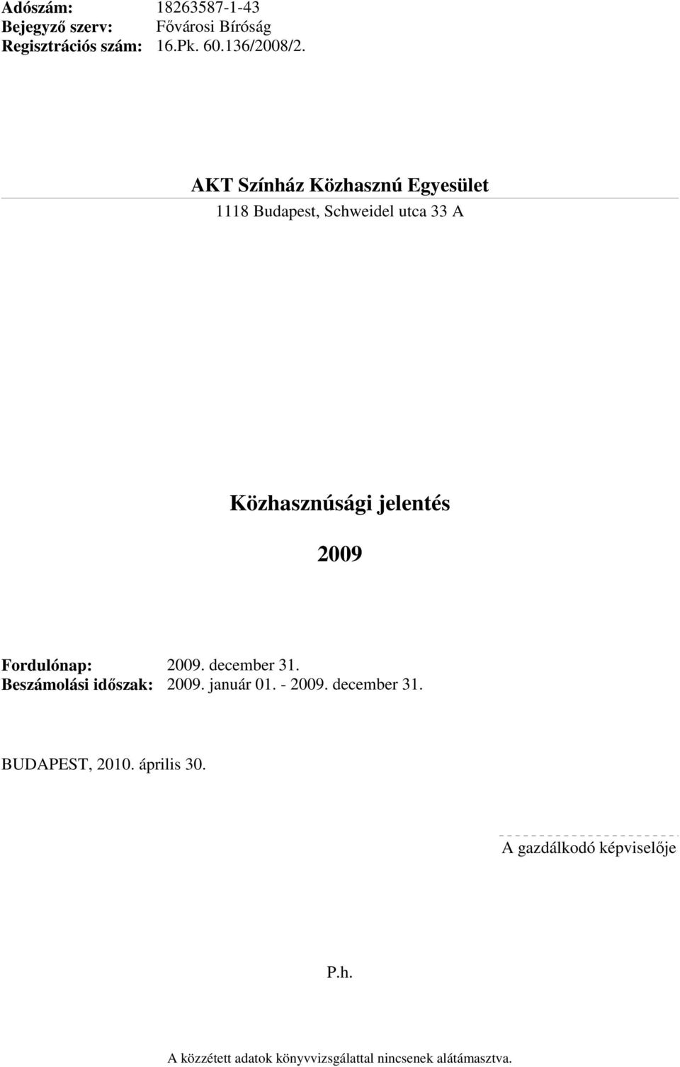 AKT Színház Közhasznú Egyesület 1118 Budapest, Schweidel utca 33 A 2009 Fordulónap: