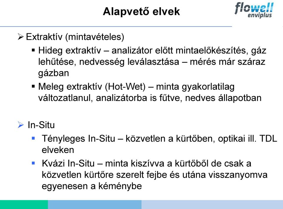 analizátorba is fűtve, nedves állapotban In-Situ Tényleges In-Situ közvetlen a kürtőben, optikai ill.