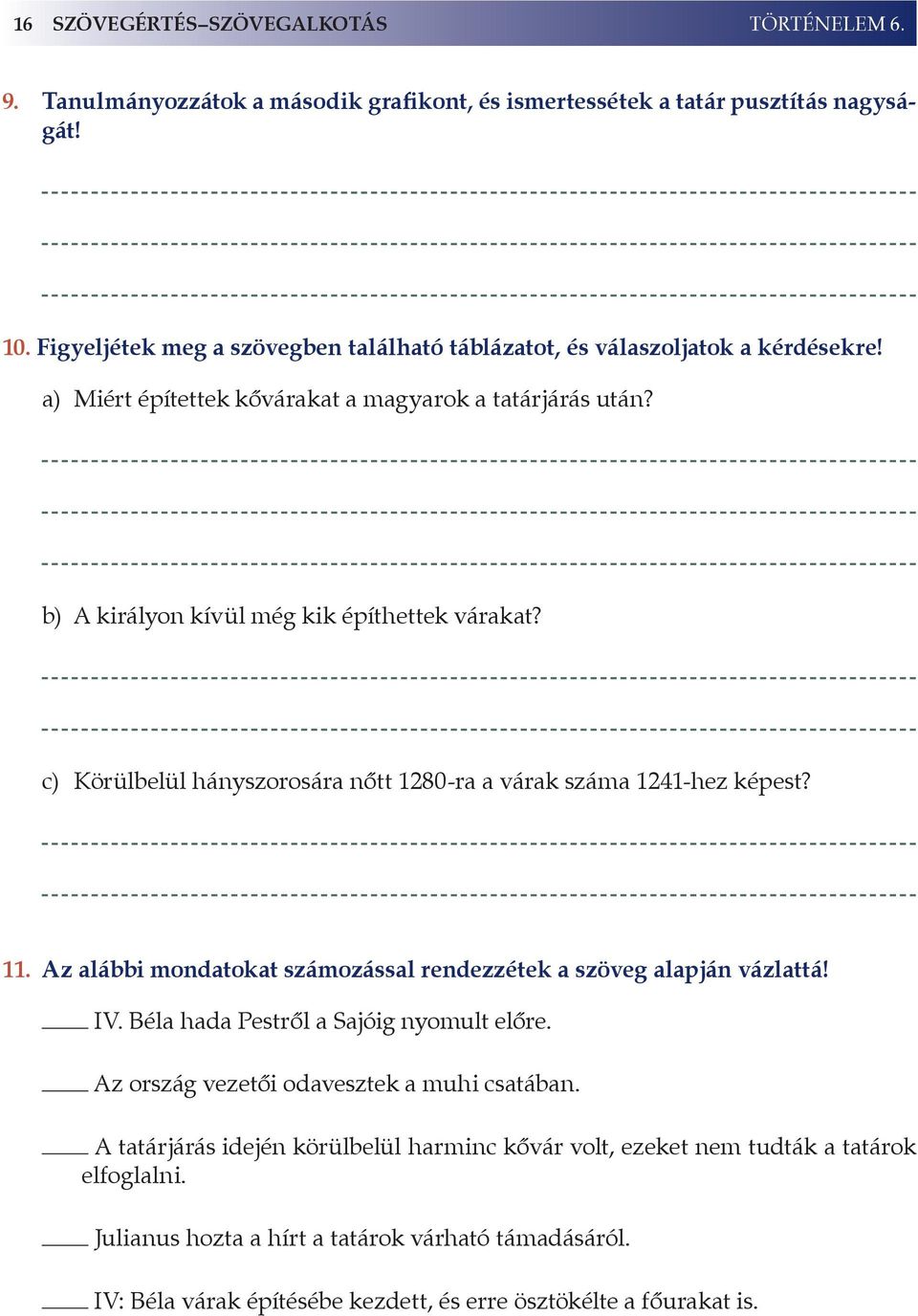 c) Körülbelül hányszorosára nőtt 1280-ra a várak száma 1241-hez képest? 11. Az alábbi mondatokat számozással rendezzétek a szöveg alapján vázlattá! IV. Béla hada Pestről a Sajóig nyomult előre.