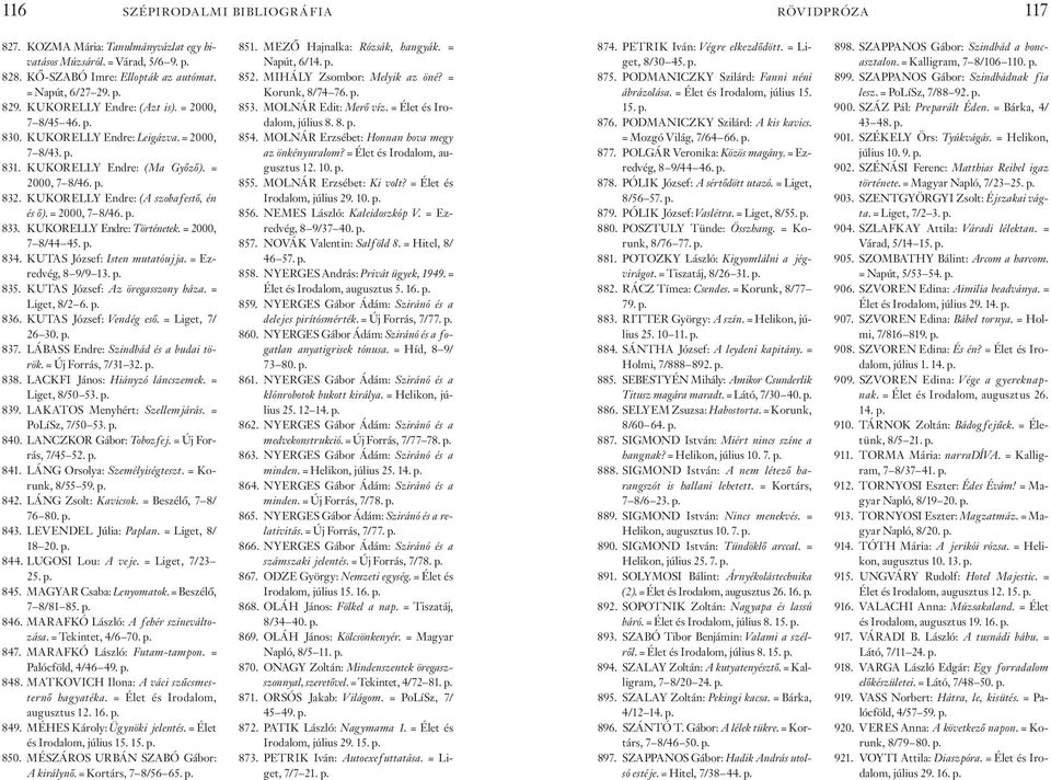 = 2000, 7 8/46. p. 833. KUKORELLY Endre: Történetek. = 2000, 7 8/44 45. p. 834. KUTAS József: Isten mutatóujja. = Ezredvég, 8 9/9 13. p. 835. KUTAS József: Az öregasszony háza. = Liget, 8/2 6. p. 836.