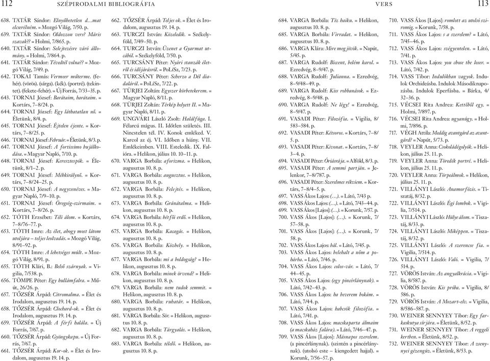 (tekintet). (fekete-fehér). = Új Forrás, 7/33 35. p. 643. TORNAI József: Barátaim, barátaim. = Kortárs, 7 8/24. p. 644. TORNAI József: Egy láthatatlan nő. = Életünk, 8/4. p. 645.