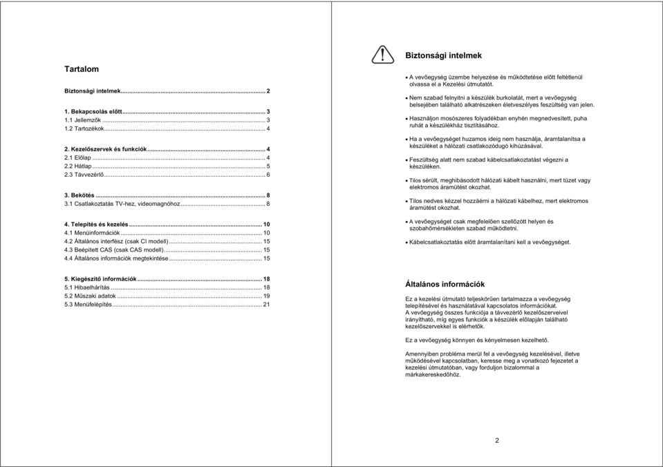 .. 15 Biztonsági intelmek A vev egység üzembe helyezése és m ködtetése el tt feltétlenül olvassa el a Kezelési útmutatót.