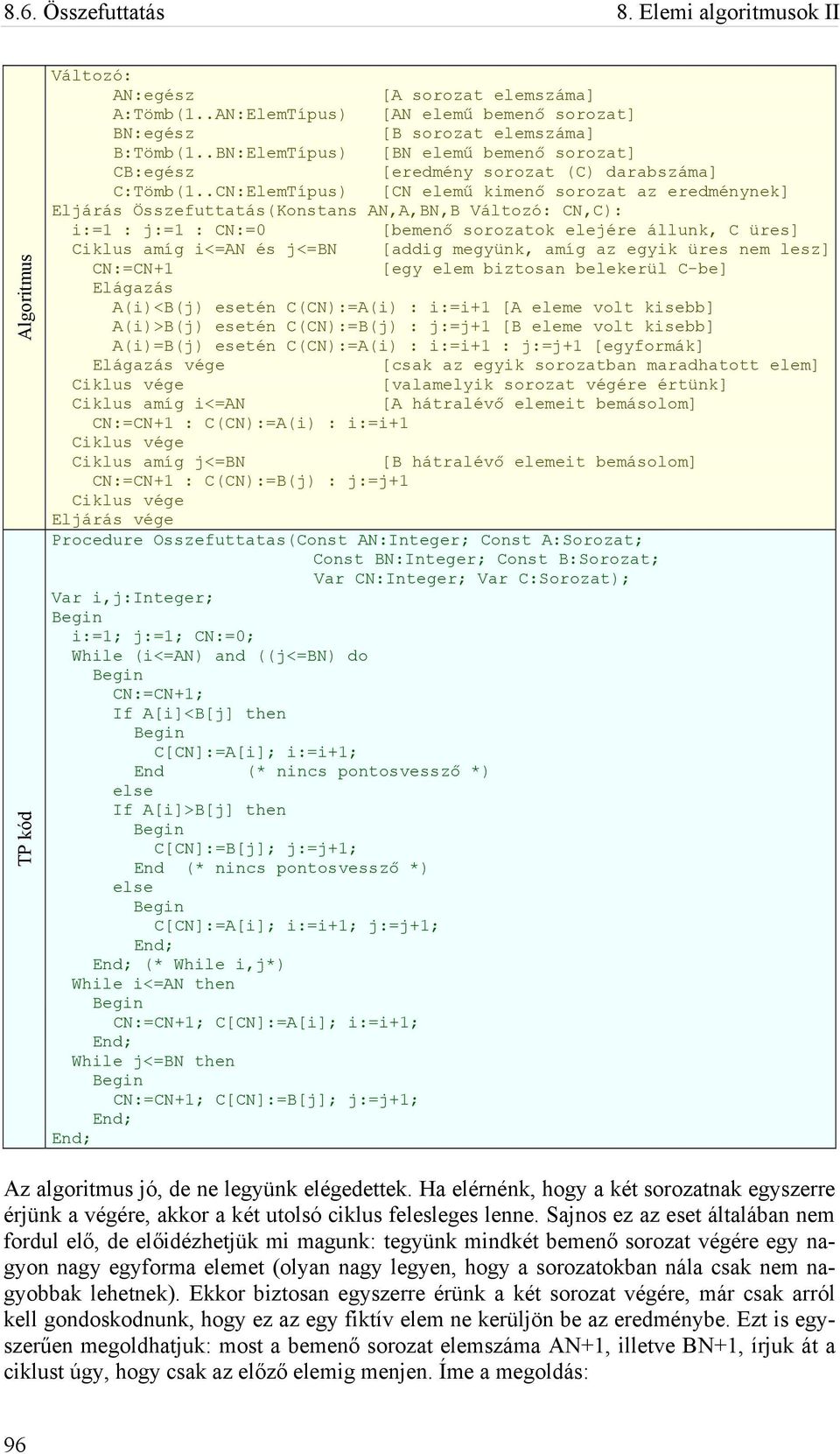 .CN:ElemTípus) [CN elemű kimenő sorozat az eredménynek] Eljárás Összefuttatás(Konstans AN,A,BN,B CN,C): i:=1 : j:=1 : CN:=0 [bemenő sorozatok elejére állunk, C üres] Ciklus amíg i<=an és j<=bn [addig