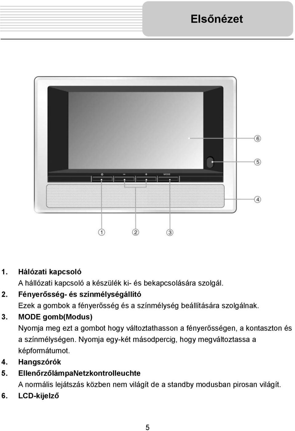 MODE gomb(modus) Nyomja meg ezt a gombot hogy változtathasson a fényerősségen, a kontaszton és a színmélységen.