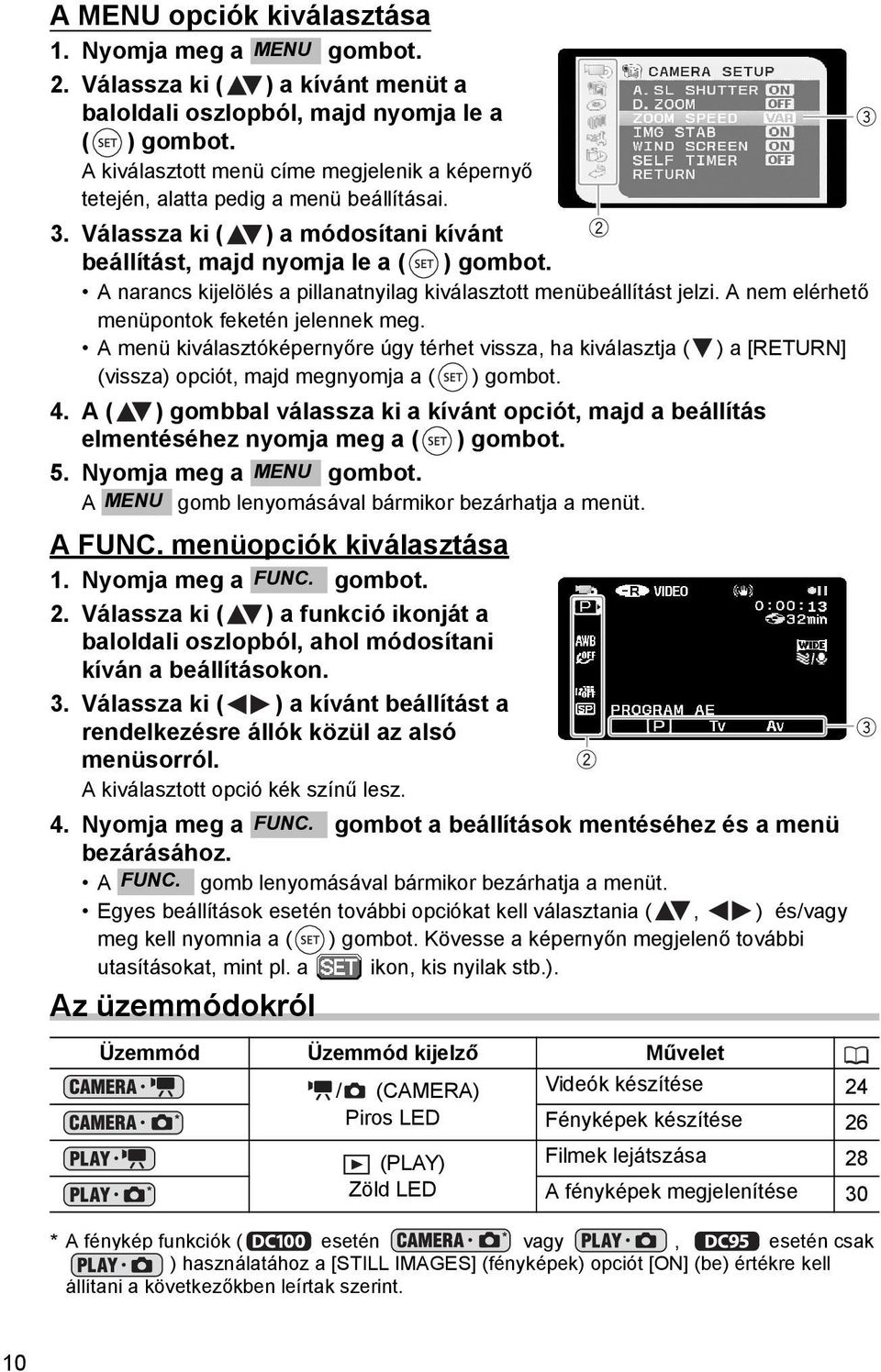 A narancs kijelölés a pillanatnyilag kiválasztott menübeállítást jelzi. A nem elérhető menüpontok feketén jelennek meg.