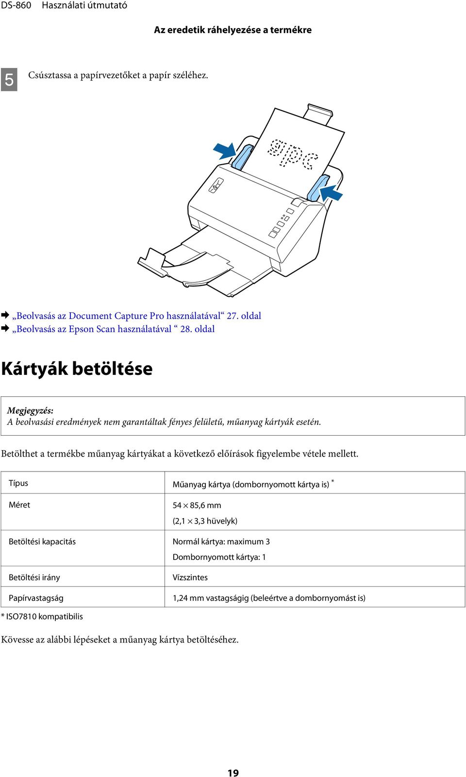 Betölthet a termékbe műanyag kártyákat a következő előírások figyelembe vétele mellett.