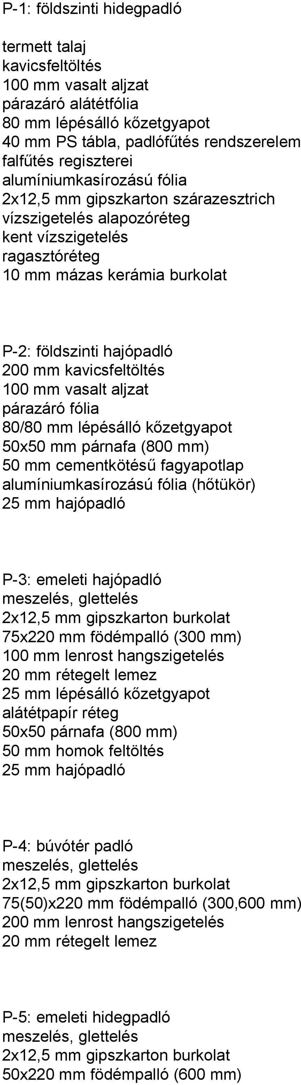 kavicsfeltöltés 100 mm vasalt aljzat párazáró fólia 80/80 mm lépésálló kőzetgyapot 50x50 mm párnafa (800 mm) 50 mm cementkötésű fagyapotlap alumíniumkasírozású fólia (hőtükör) 25 mm hajópadló P-3: