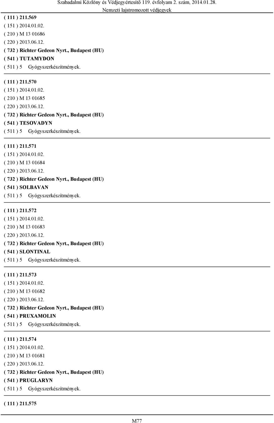 ( 111 ) 211.572 ( 210 ) M 13 01683 ( 220 ) 2013.06.12. ( 732 ) Richter Gedeon Nyrt., Budapest (HU) ( 541 ) SLONTINAL ( 511 ) 5 Gyógyszerkészítmények. ( 111 ) 211.573 ( 210 ) M 13 01682 ( 220 ) 2013.