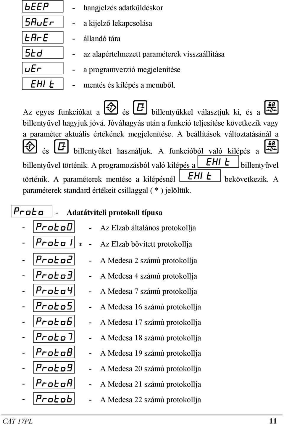 A beállítások változtatásánál a és billentyűket használjuk. A funkcióból való kilépés a billentyűvel történik. A programozásból való kilépés a történik.