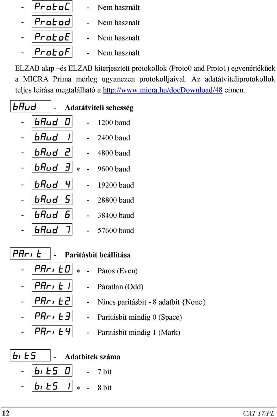 - Adatátviteli sebesség - - 1200 baud - - 2400 baud - - 4800 baud - * - 9600 baud - - 19200 baud - - 28800 baud - - 38400 baud - - 57600 baud - Paritásbit