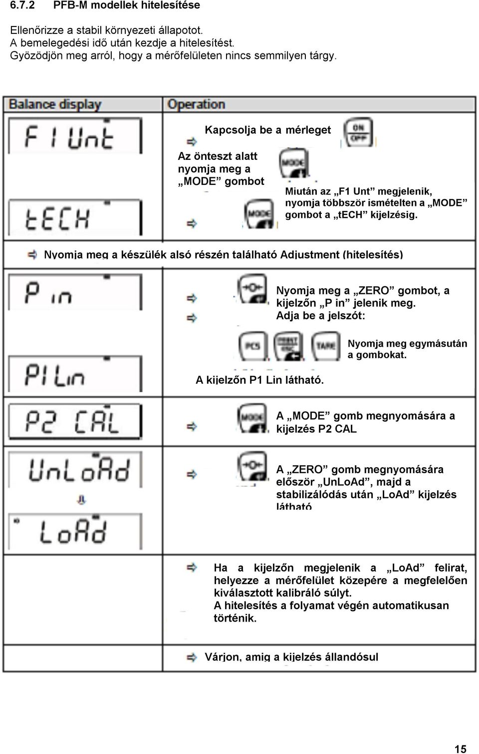 Nyomja meg a készülék alsó részén található Adjustment (hitelesítés) A kijelzőn P1 Lin látható. Nyomja meg a ZERO gombot, a kijelzőn P in jelenik meg.