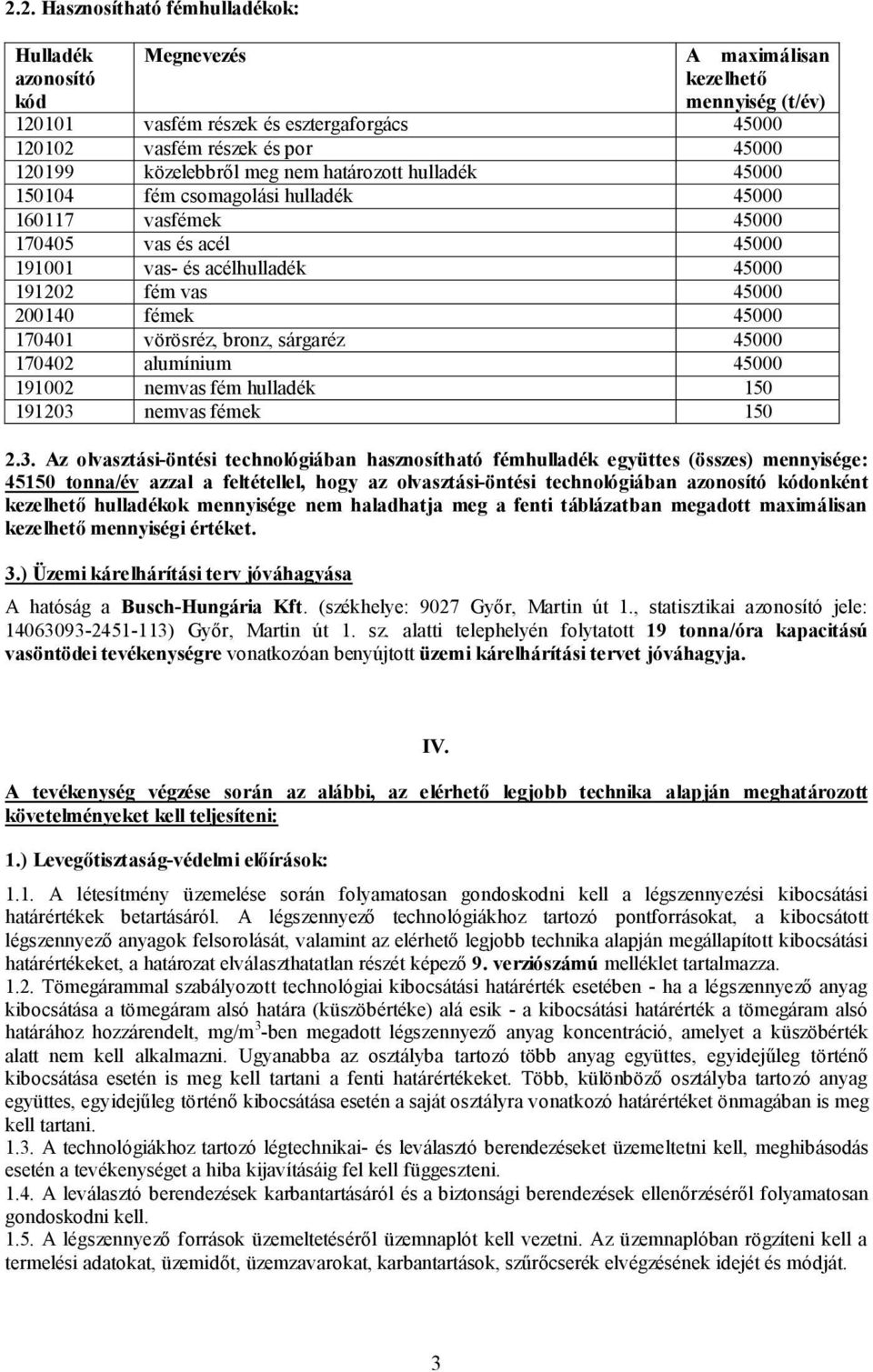 45000 170401 vörösréz, bronz, sárgaréz 45000 170402 alumínium 45000 191002 nemvas fém hulladék 150 191203 