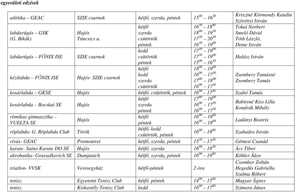 csütörtök kedd szerda csütörtök 17 30 19 00 17 30 19 00 Halász István 15 00 16 30 18 00 19 00 16 00 17 30 17 00 18 00 16 00 17 30 Zsembery Tamásné Zsembery Tamás kosárlabda GKSE Hajós, csütörtök, 16