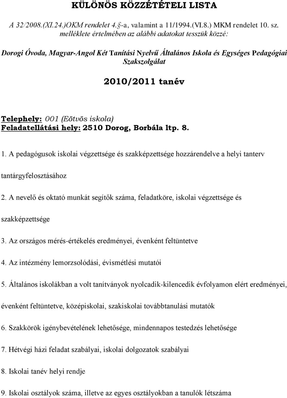 iskola) Feladatellátási hely: 2510 Dorog, Borbála ltp. 8. 1. A pedagógusok iskolai végzettsége és szakképzettsége hozzárendelve a helyi tanterv tantárgyfelosztásához 2.
