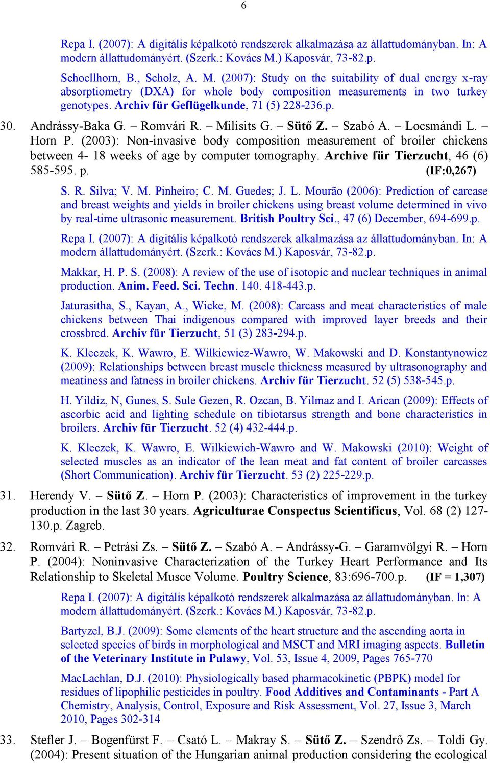 Archiv für Geflügelkunde, 71 (5) 228-236.p. 30. Andrássy-Baka G. Romvári R. Milisits G. Sütő Z. Szabó A. Locsmándi L. Horn P.