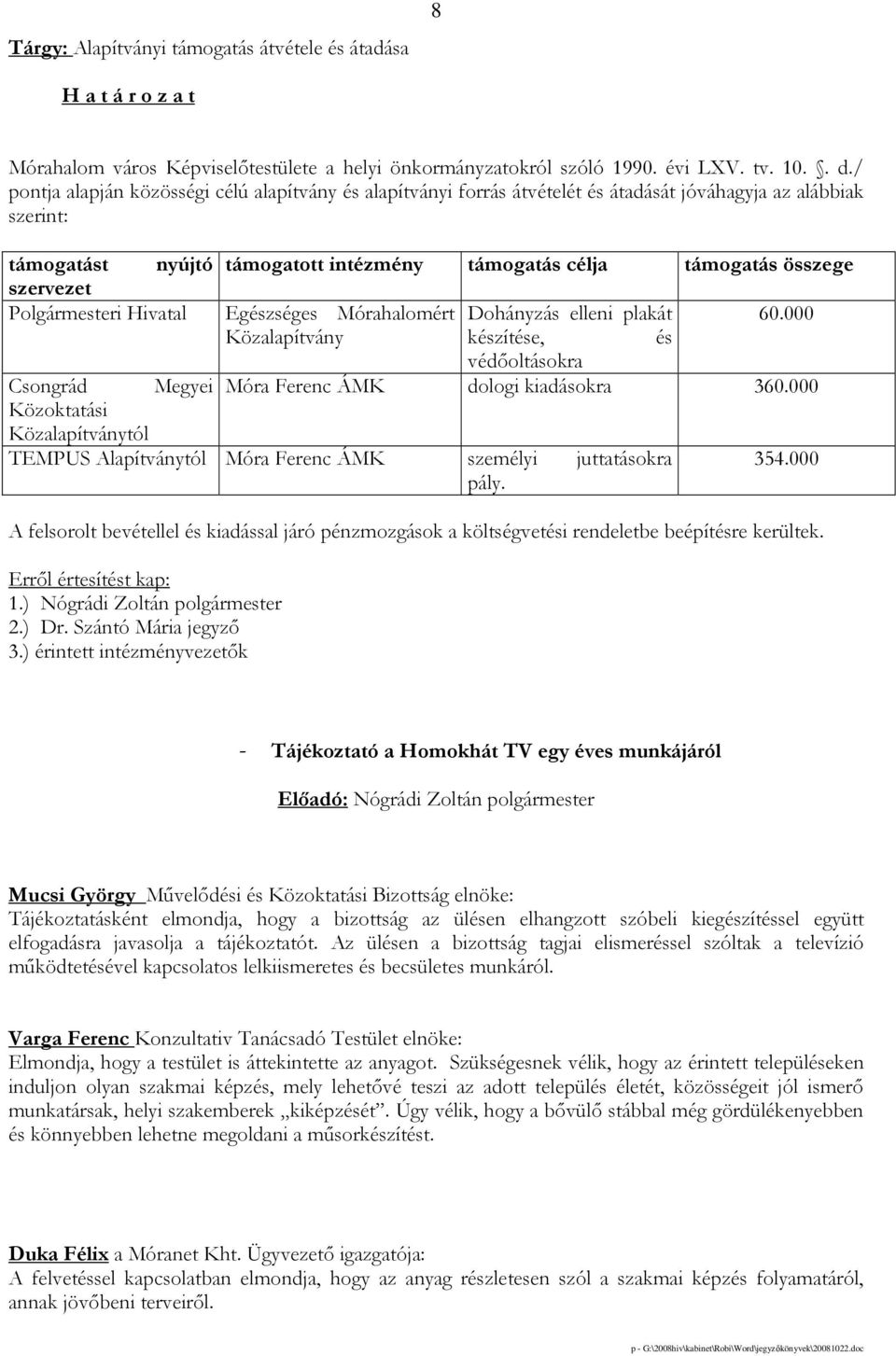 célja támogatás összege Egészséges Mórahalomért Dohányzás elleni plakát 60.000 Közalapítvány készítése, és védıoltásokra Móra Ferenc ÁMK dologi kiadásokra 360.