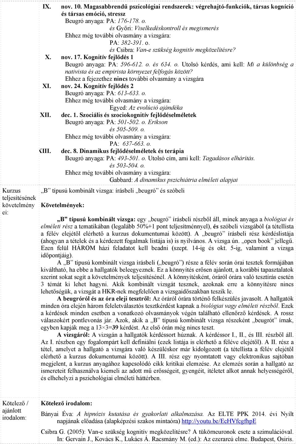 Ehhez a fejezethez nincs további olvasmány a vizsgára XI. nov. 24. Kognitív fejlődés 2 Beugró anyaga: PA: 613-633. o. Egyed: Az evolúció ajándéka XII. dec. 1.