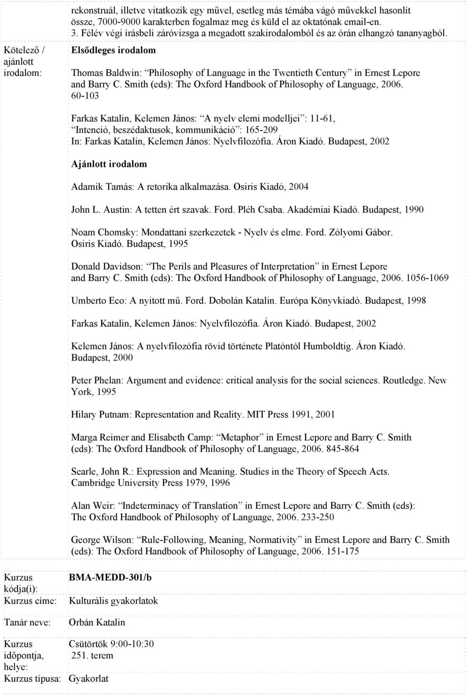 Elsődleges irodalom Thomas Baldwin: Philosophy of Language in the Twentieth Century in Ernest Lepore and Barry C. Smith (eds): The Oxford Handbook of Philosophy of Language, 2006.