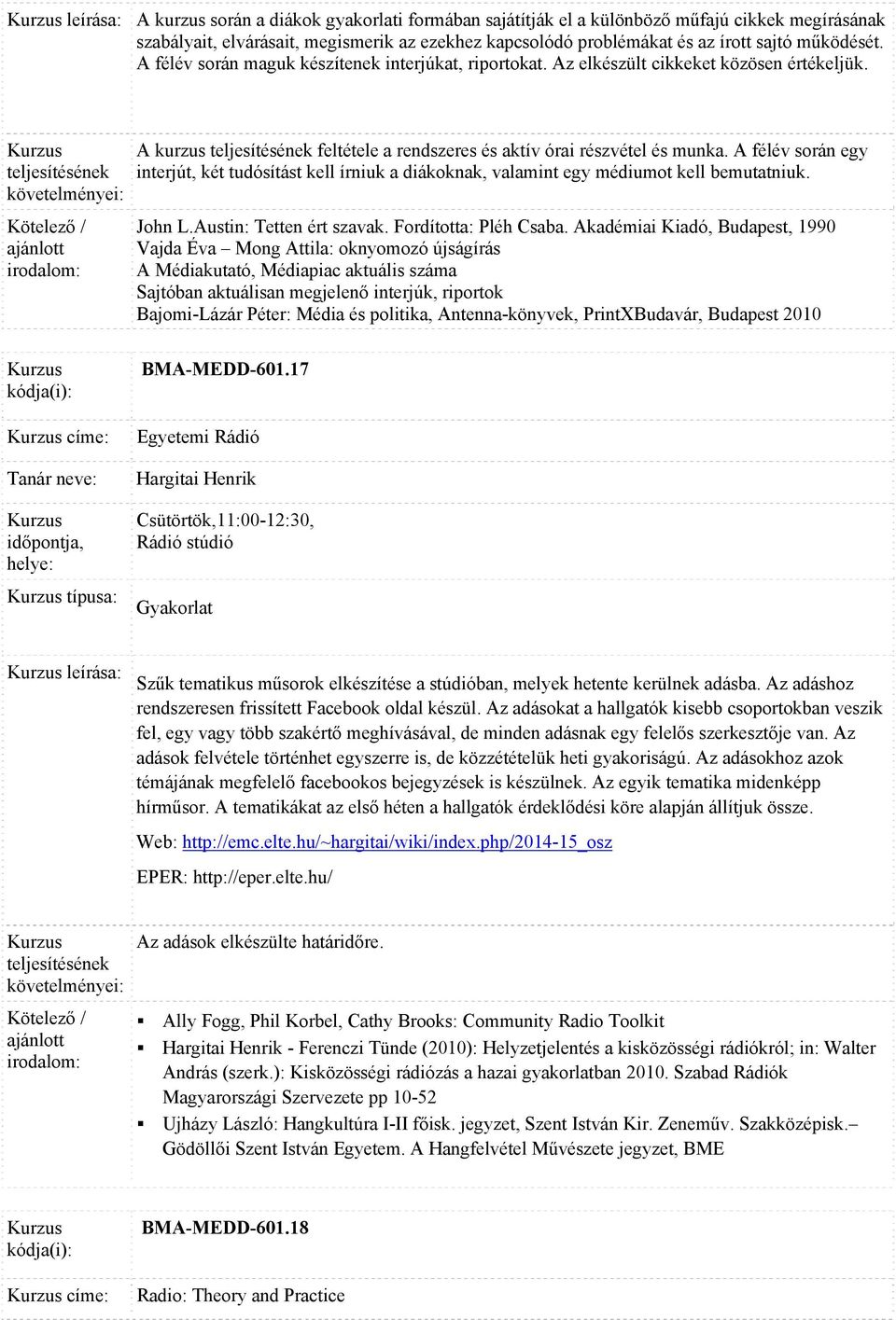 A félév során egy interjút, két tudósítást kell írniuk a diákoknak, valamint egy médiumot kell bemutatniuk. John L.Austin: Tetten ért szavak. Fordította: Pléh Csaba.