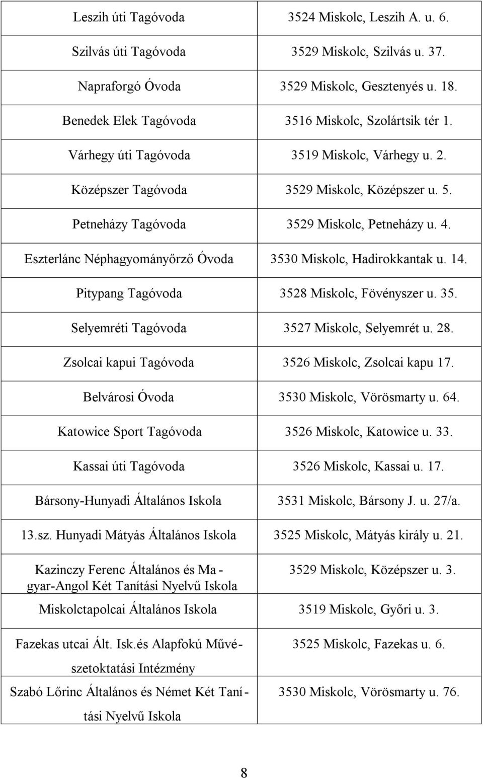 Eszterlánc Néphagyományőrző Óvoda 3530 Miskolc, Hadirokkantak u. 14. Pitypang Tagóvoda 3528 Miskolc, Fövényszer u. 35. Selyemréti Tagóvoda 3527 Miskolc, Selyemrét u. 28.